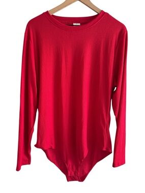 Real Essentials Red Ribbed Bodysuit Long Sleeve Minimalist Y2K Clean Girl Top 2X